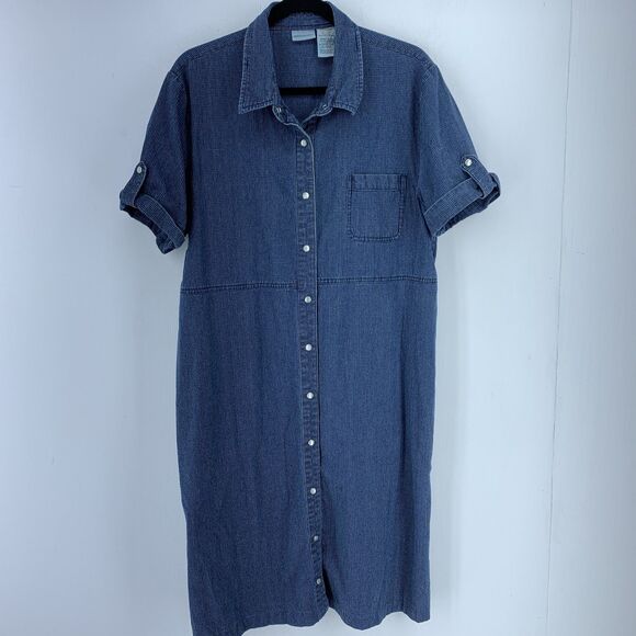 White Stag Dresses & Skirts - White Stag Womens XL Pearl Snap Denim Shirt Dress Blue White Check Midi WS518413